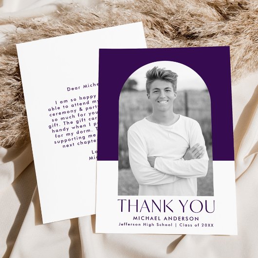 アーチモダンパープルカラーブロックフォト卒業 サンキューカード