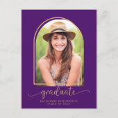 アーチモダンパープル金ゴールド写真卒業 案内ポストカード (正面)