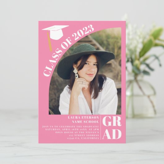 アーチモダンピンク5枚の写真卒業 招待状 (スタンド正面)