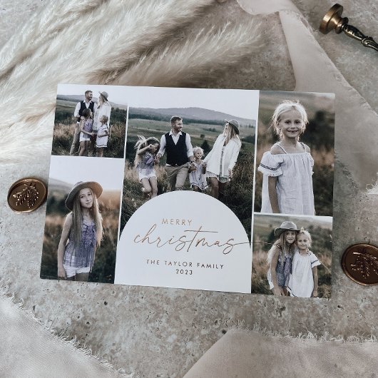 アーチモダンフォイル数々のフォトファミリーニュースクリスマス 箔シーズンカード