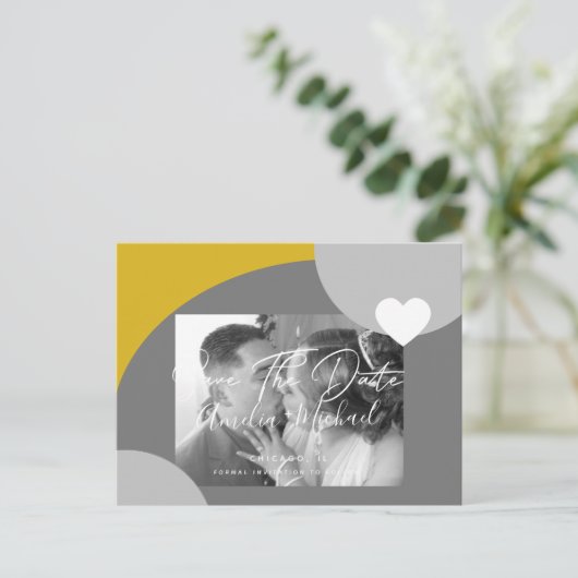 アーチモダンフォトイエローグレー日付を保存 ポストカード (スタンド正面)