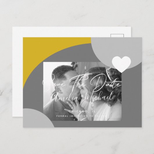 アーチモダンフォトイエローグレー日付を保存 ポストカード (正面/裏面)