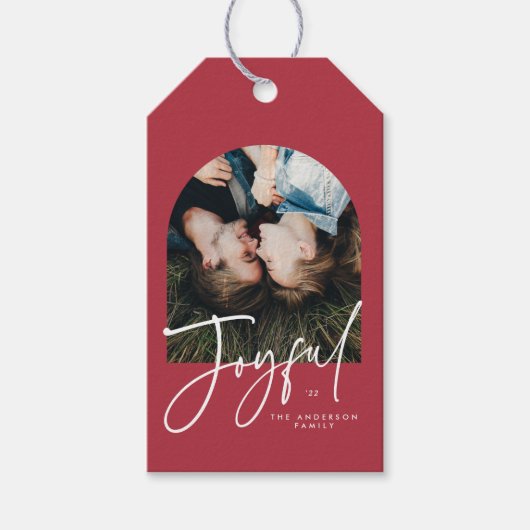 アーチモダンフォトスクリプトエレガントクリスマスホリデー ギフトタグ (正面)