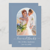 アーチモダンフォトフレームほこりっぽいブルー結婚ズ サンキューカード (正面/裏面)