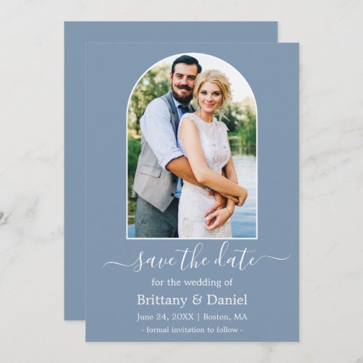 アーチモダンフォトフレームほこりっぽい青 セーブザデート (正面/裏面)