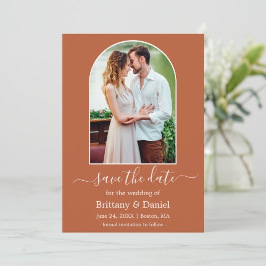 アーチモダンフォトフレーム燃えオレンジ セーブザデート (スタンド正面)