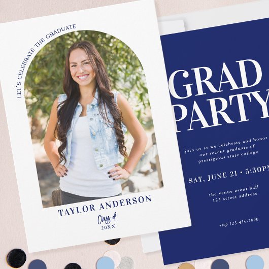 アーチモダンフォトブルーエレガント卒業式パーティー 招待状