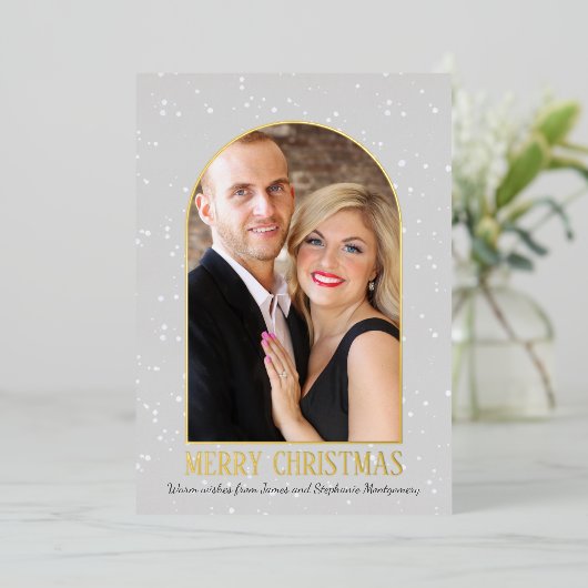 アーチモダンフォトメパーソナライズされたリークリスマス 箔シーズンカード (立ち正面)