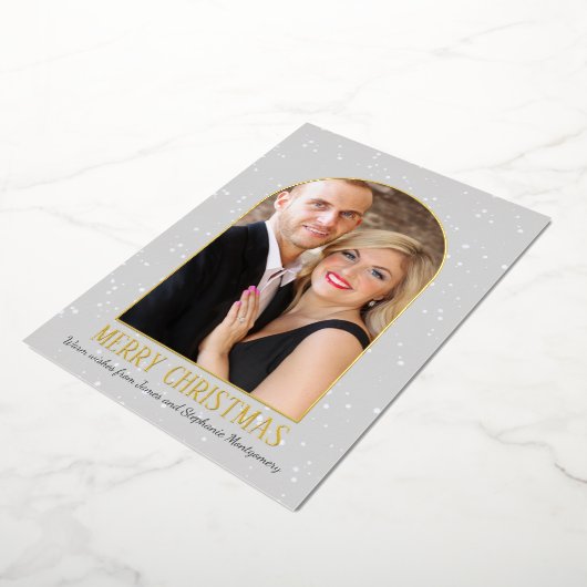 アーチモダンフォトメパーソナライズされたリークリスマス 箔シーズンカード (回転した状態)