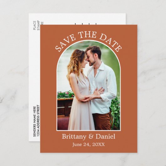 アーチモダンフレーム写真燃えたオレンジ日付保存 ポストカード (正面/裏面)