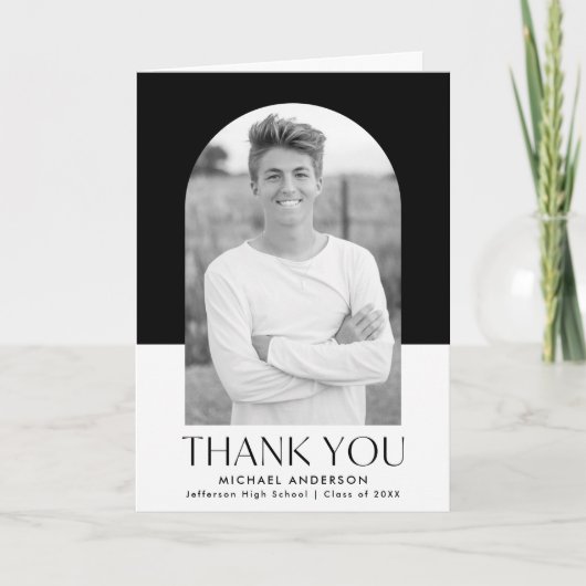 アーチモダンブラックとホワイトカラーブロックの卒業 サンキューカード (正面)