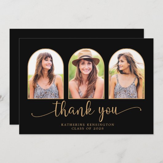 アーチモダンブラック金ゴールド3写真卒業 サンキューカード (正面/裏面)
