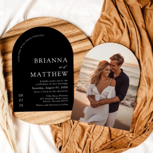 アーチモダンブラック&ホワイトミニマル結婚リスト 招待状