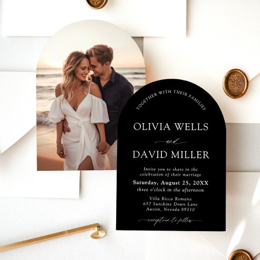 アーチモダンブラック&ホワイトミニマル結婚リスト 招待状