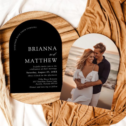 アーチモダンブラック&ホワイトミニマル結婚リスト 招待状