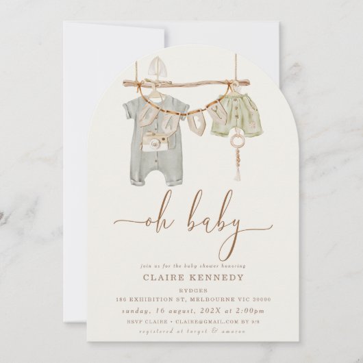 アーチモダンボホ赤ちゃん衣赤ちゃんシャワー 招待状 (正面)