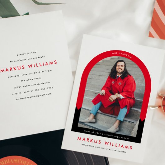 アーチモダンレッドスクールカラーズ卒業パーティー 招待状