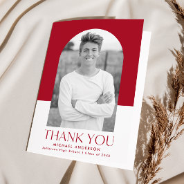 アーチモダンレッド色ブロック写真卒業 サンキューカード