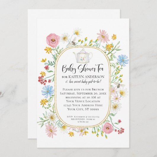 アーチモダンワイルドフラワーフローラビーズティーパーティーベビー 招待状 (正面/裏面)