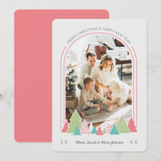 アーチモダンーとツリーカラフルフォトクリスマスカード 招待状 (正面/裏面)