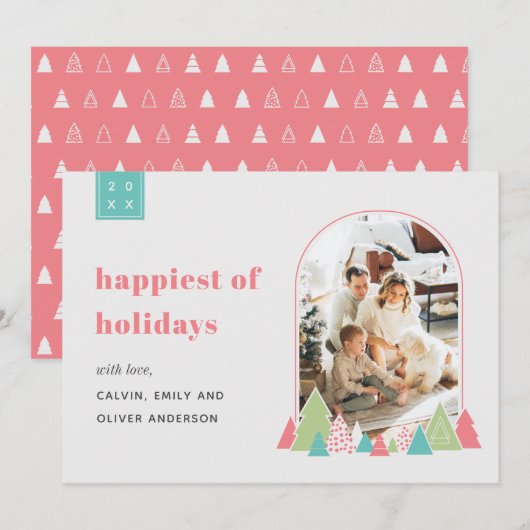 アーチモダンーとツリーカラフルフォトクリスマスカード 招待状 (正面/裏面)