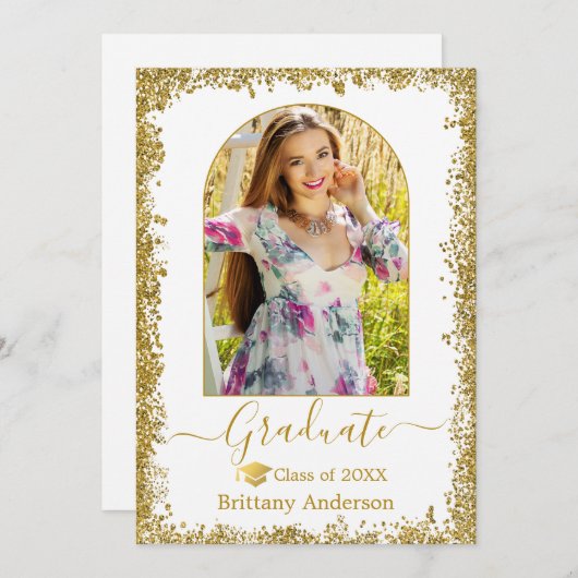 アーチモダンーグラードキャップ金ゴールドグリッター卒業 案内状 (正面/裏面)