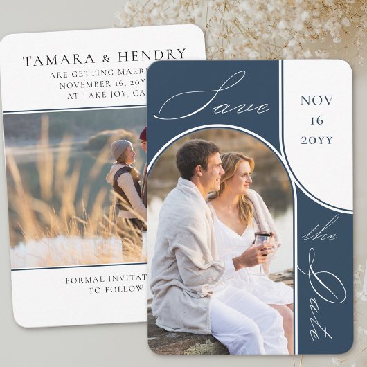 アーチモダンー写真エレガント書道ネイビーブルー セーブザデート