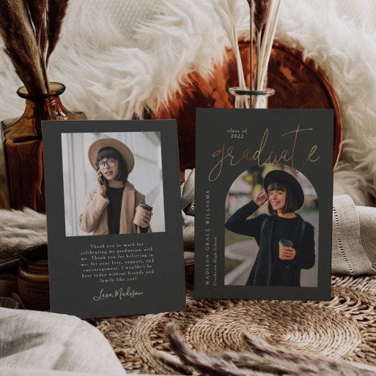 アーチモダン卒業式金ゴールド木炭グレー 招待状