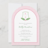 アーチモダン名門私立校風のグリーンモノグラムブライダルシャワー 招待状 (正面)