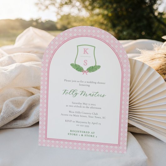 アーチモダン名門私立校風のグリーンモノグラムブライダルシャワー 招待状