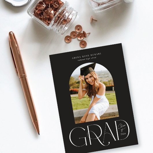 アーチモダン型フォトブラック卒業発表 案内状