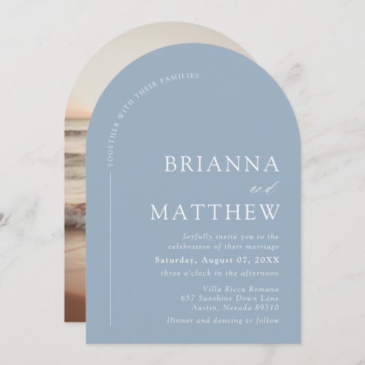 アーチモダン型ミニマリスト埃っぽいブルー結婚ホワイト 招待状 (正面/裏面)