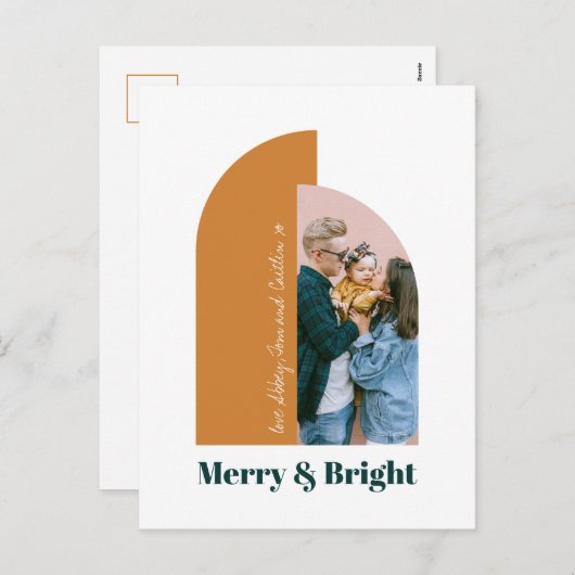 アーチモダン金ゴールドメリークリスマス家族の写真 シーズンポストカード (正面/裏面)