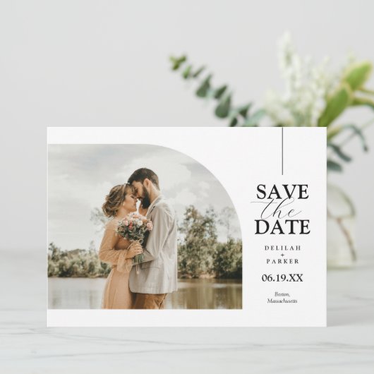 アーチユニーク型フォトカード日付の保存 招待状 (スタンド正面)