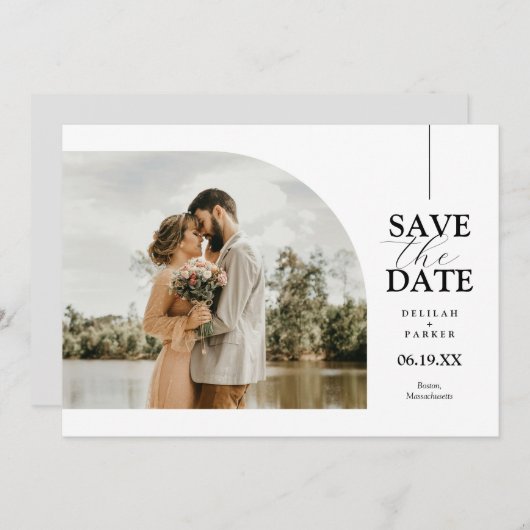 アーチユニーク型フォトカード日付の保存 招待状 (正面/裏面)