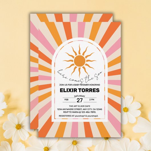 アーチレトロここ来ザソンベイビーシャワー 招待状