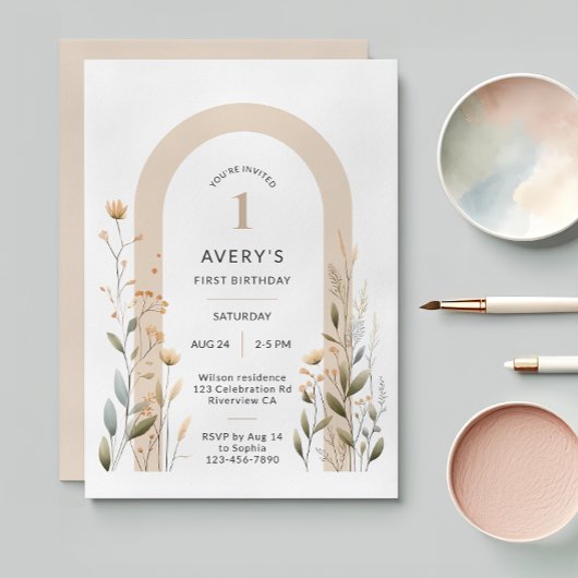 アーチワイルドフラワーファースト誕生日招待状 招待状