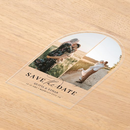 アーチ写真の書道結婚式の日付を保存 アクリル招待状 (レイダウン)