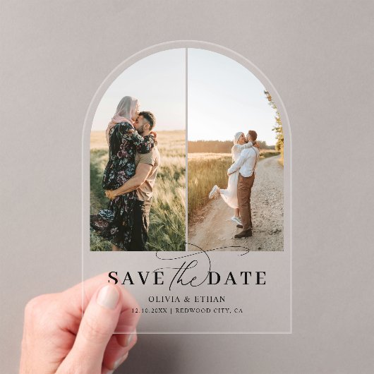 アーチ写真の書道結婚式の日付を保存 アクリル招待状 (インサイチュ (ポータブル))