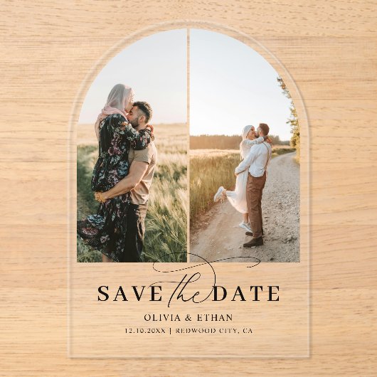 アーチ写真の書道結婚式の日付を保存 アクリル招待状 (正面)