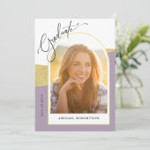 アーチ写真パープル&金ゴールド卒業パーティー 招待状 (スタンド正面)