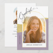 アーチ写真パープル&金ゴールド卒業パーティー 招待状 (正面/裏面)