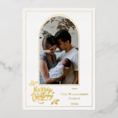 アーチ写真メリークリスマスとホリーの白いFo 箔シーズンカード (正面)