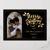アーチ写真メリークリスマスとホリーオンブラック 箔シーズンカード (正面)