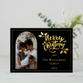アーチ写真メリークリスマスとホリーオンブラック 箔シーズンカード (立ち正面)