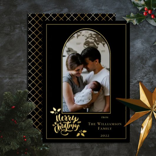 アーチ写真メリークリスマスとホリーオンブラック 箔シーズンカード