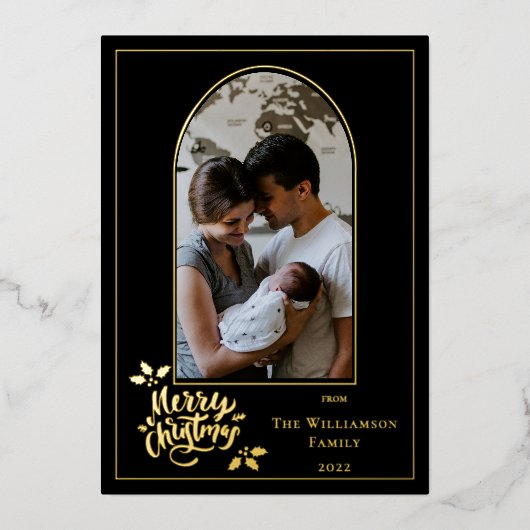 アーチ写真メリークリスマスとホリーオンブラック 箔シーズンカード (正面)