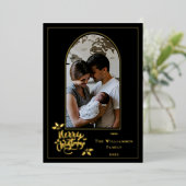 アーチ写真メリークリスマスとホリーオンブラック 箔シーズンカード (立ち正面)