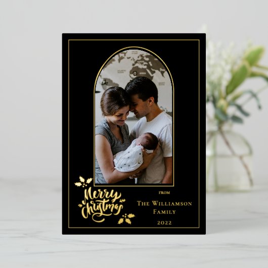 アーチ写真メリークリスマスとホリーオンブラック 箔シーズンカード (立ち正面)
