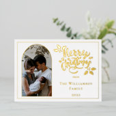 アーチ写真メリークリスマスとホリーオンホワイト 箔シーズンカード (立ち正面)